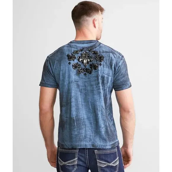 Affliction Clothing Men's T-Shirt Polaris Felt Graphic Blue/Black Dip Dye Tee - Picture 2 of 8